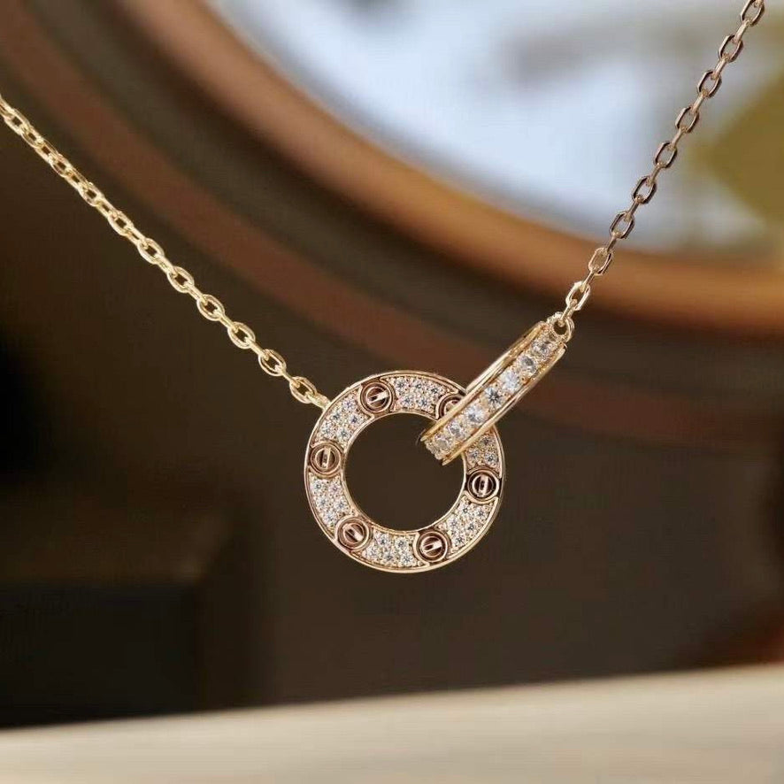 [CLOVER JEWELRY]LOVE 7.6MM NECKLACE ROSE GOLD AND SILVER  FULL DIAMOND