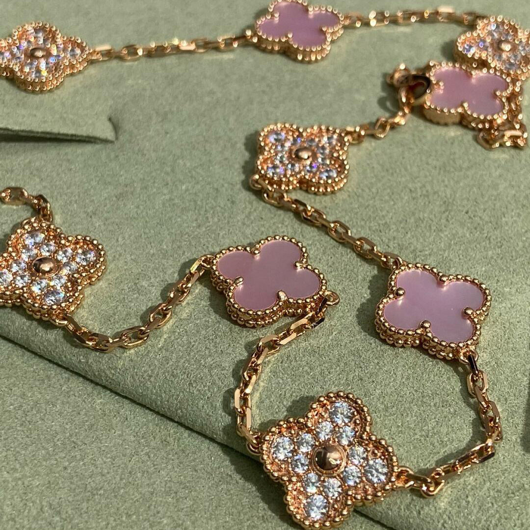 [Camiery]CLOVER 10 MOTIFS DIAMOND PINK MOP NECKLACE