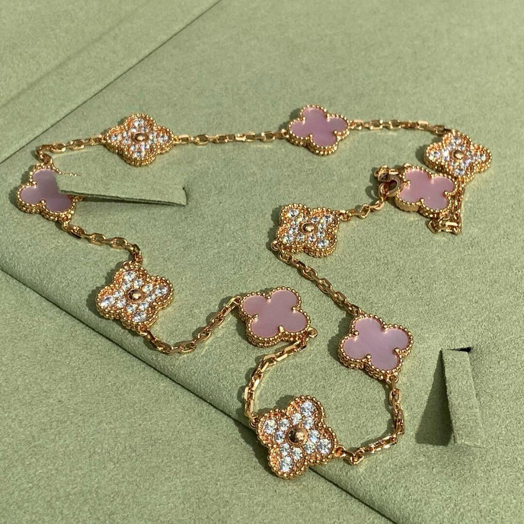 [Camiery]CLOVER 10 MOTIFS DIAMOND PINK MOP NECKLACE
