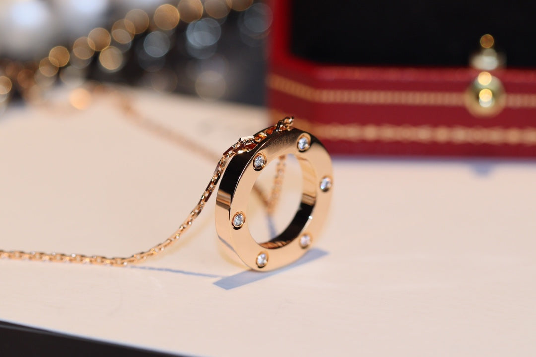[CLOVER JEWELRY]LOVE NECKLACE 16MM 6 DIAMONDS PINK GOLD