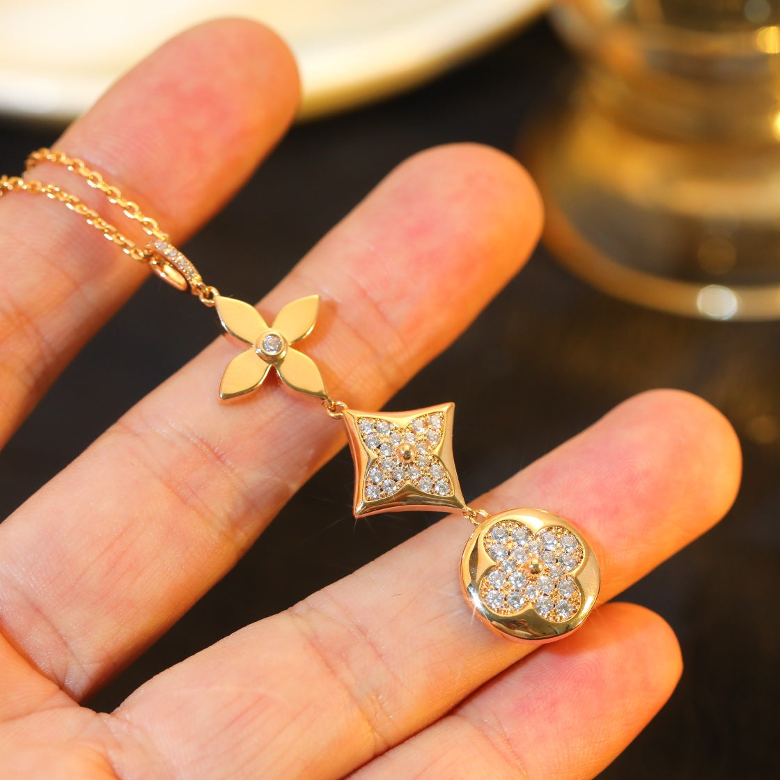 [CLOVER JEWELRY]STAR AND SUN DIAMOND PINK GOLD NECKLACE