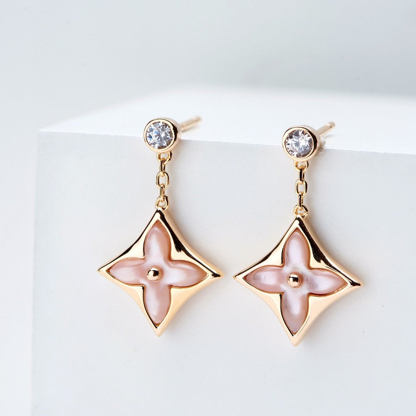 [CLOVER JEWELRY]DOUBLE STAR PINK GOLD MOP DROP EARRINGS