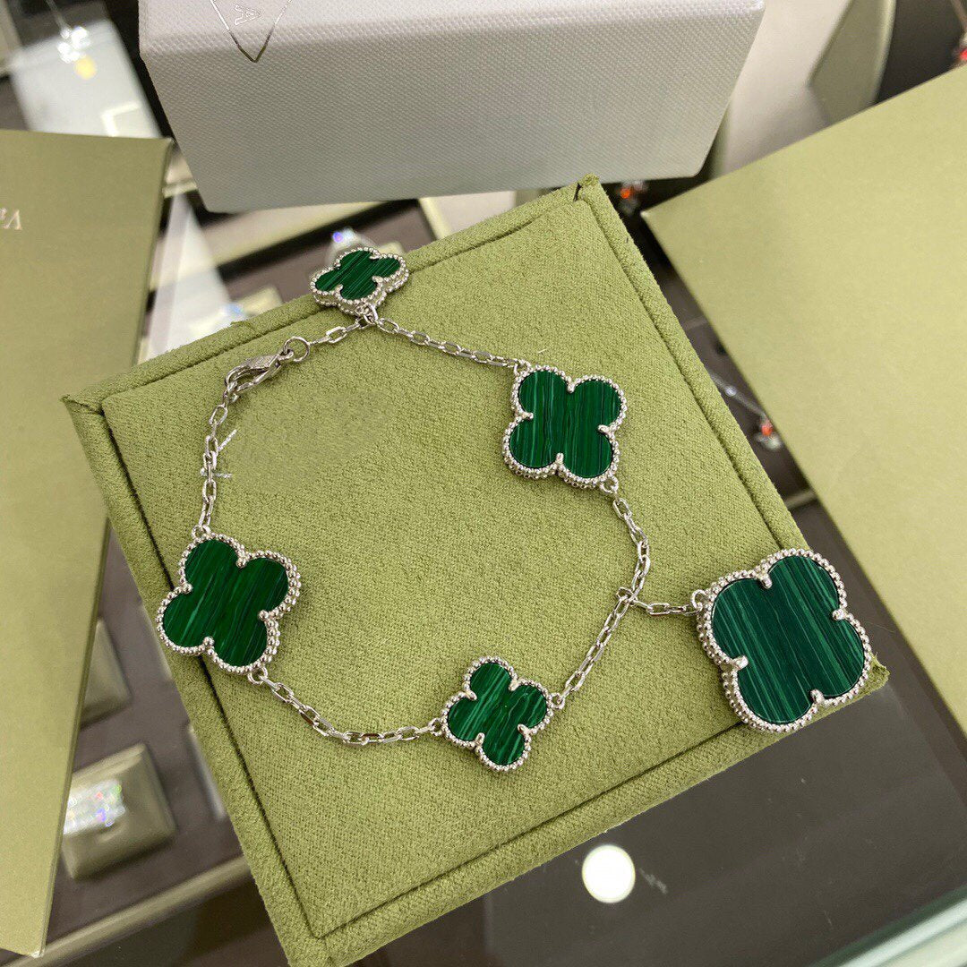 [Camiery]CLOVER 5 MOTIFS SIVLER MALACHITE BRACELET