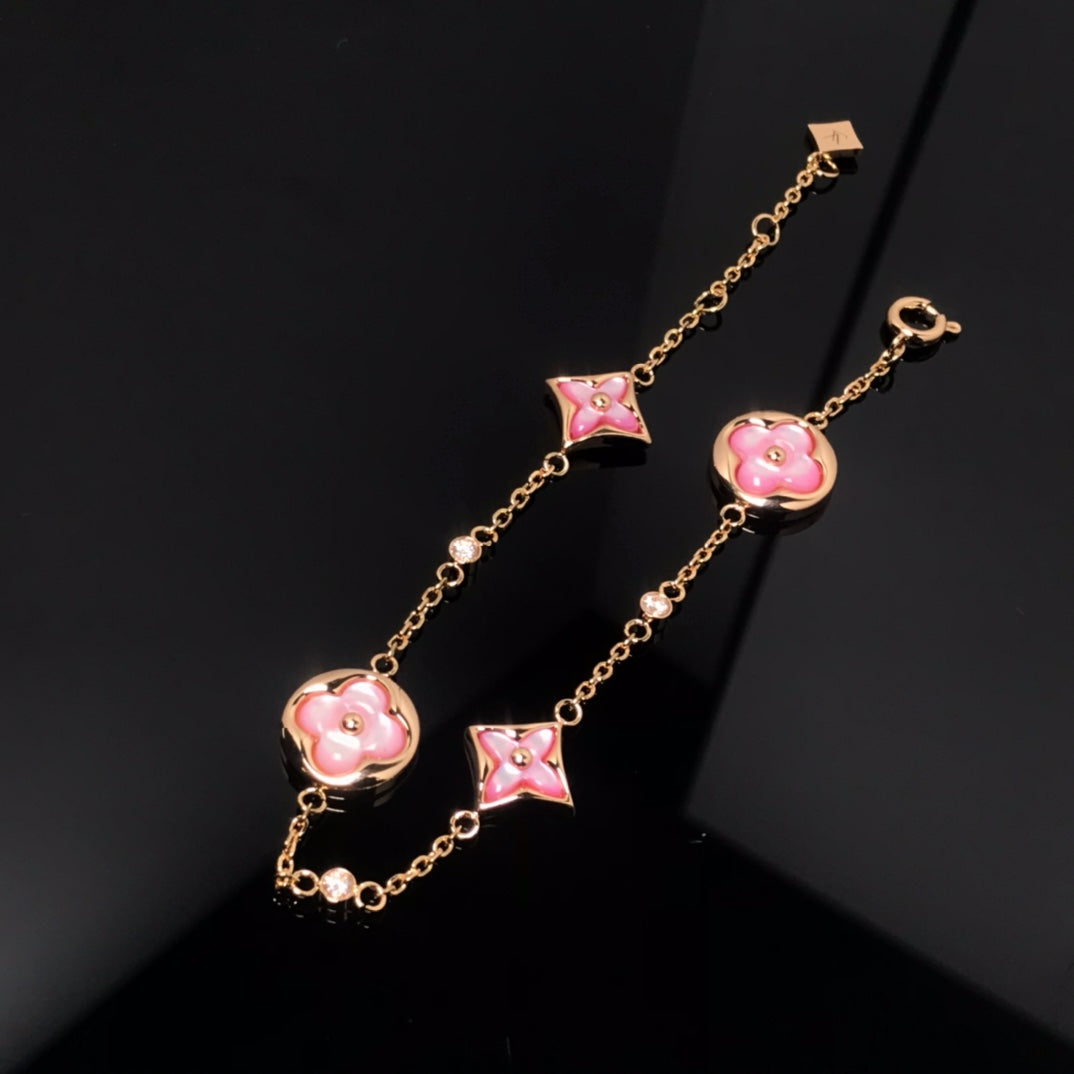 [CLOVER JEWELRY]STAR AND SUN 4 MOTIF PINK MOP PINK GOLD BRACELET