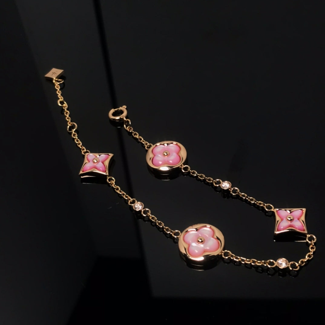[CLOVER JEWELRY]STAR AND SUN 4 MOTIF PINK MOP PINK GOLD BRACELET