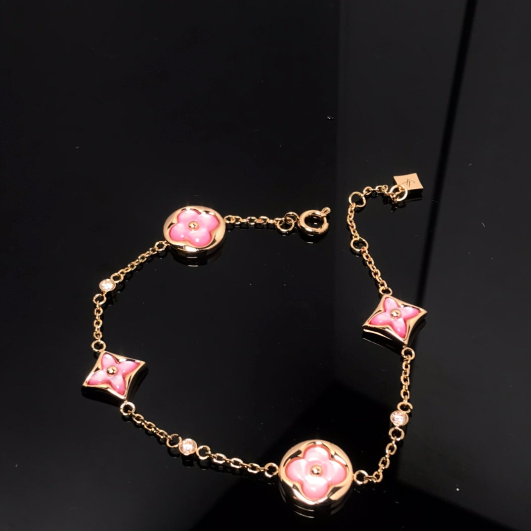 [CLOVER JEWELRY]STAR AND SUN 4 MOTIF PINK MOP PINK GOLD BRACELET