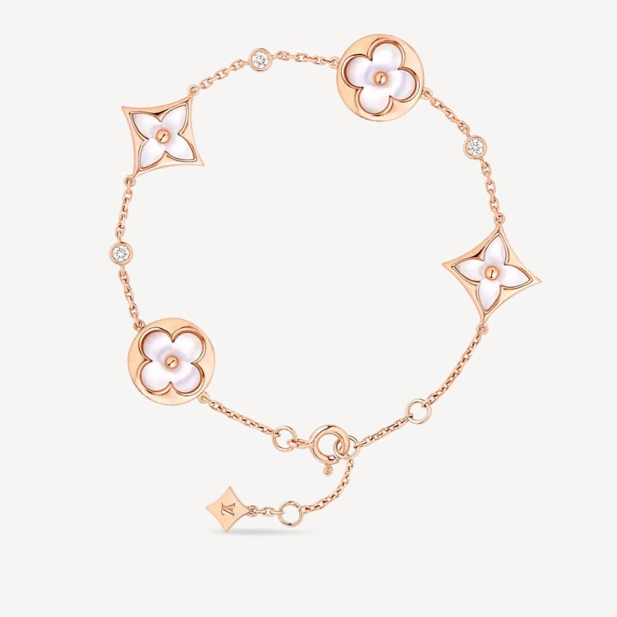 [CLOVER JEWELRY]STAR AND SUN 4 MOTIF WHITE MOP PINK GOLD BRACELET