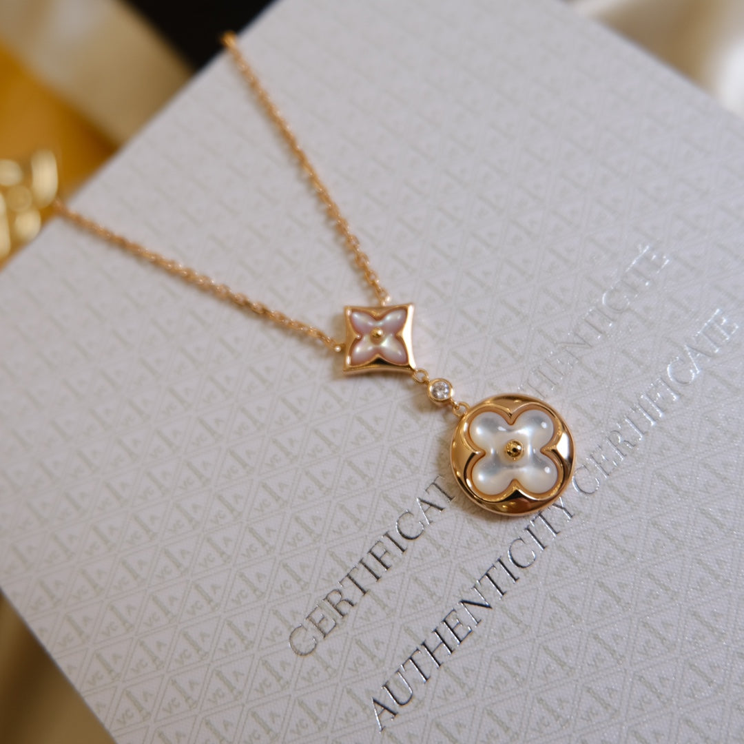 [CLOVER JEWELRY]STAR AND SUN WHITE MOP 2 MOTIF PINK GOLD NECKLACE