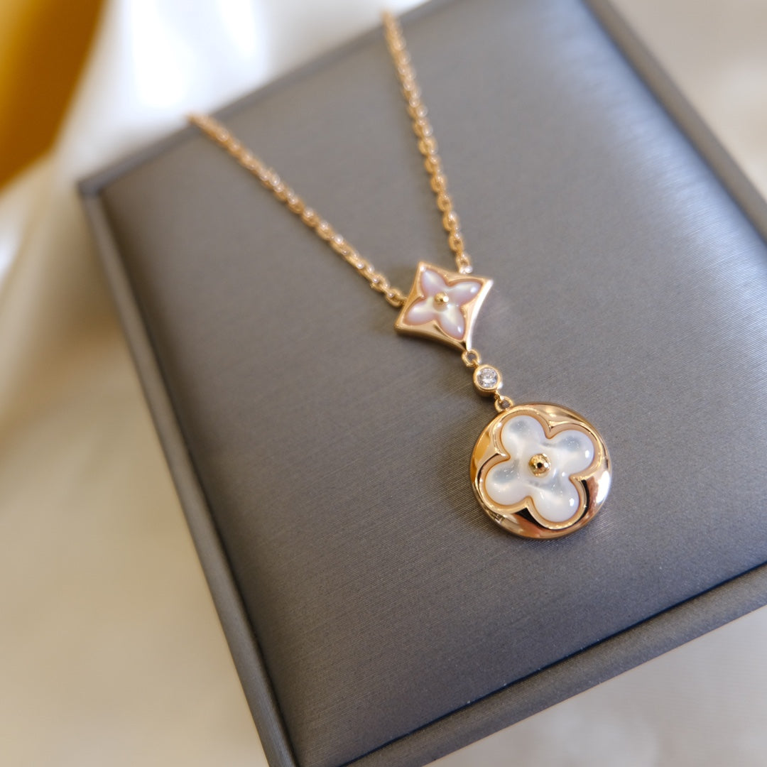 [CLOVER JEWELRY]STAR AND SUN WHITE MOP 2 MOTIF PINK GOLD NECKLACE