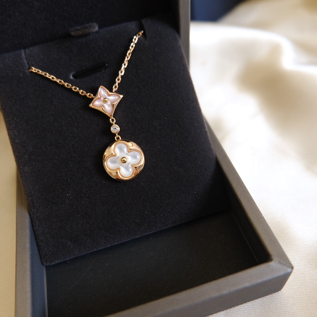 [CLOVER JEWELRY]STAR AND SUN WHITE MOP 2 MOTIF PINK GOLD NECKLACE