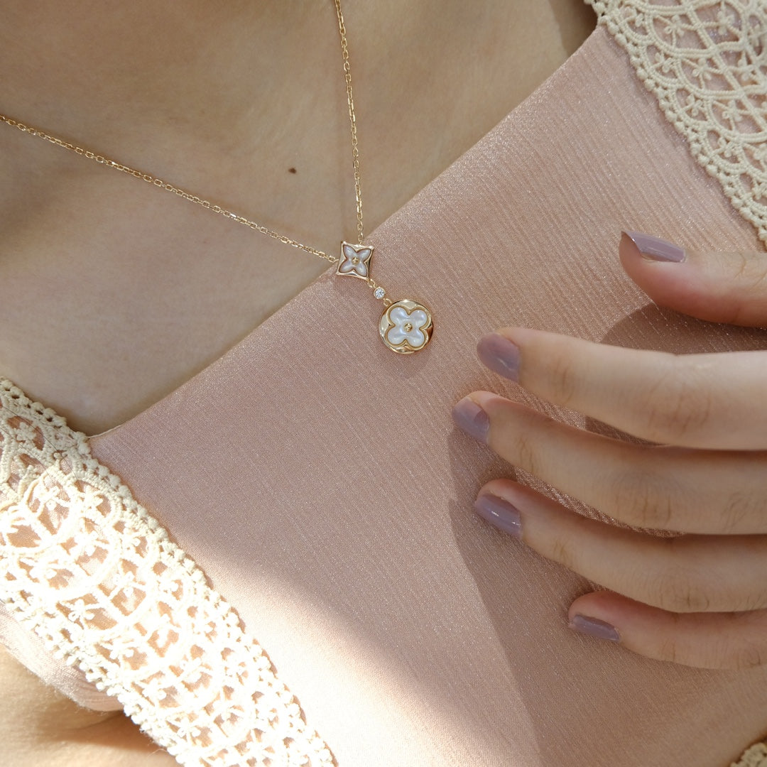 [CLOVER JEWELRY]STAR AND SUN WHITE MOP 2 MOTIF PINK GOLD NECKLACE