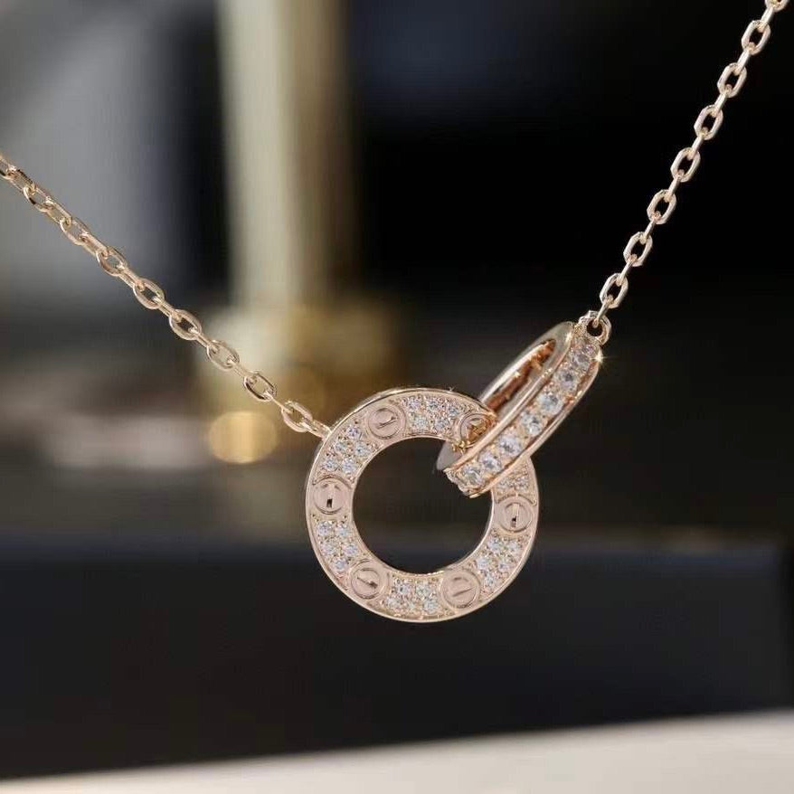 [CLOVER JEWELRY]LOVE 7.6MM NECKLACE ROSE GOLD AND SILVER  FULL DIAMOND