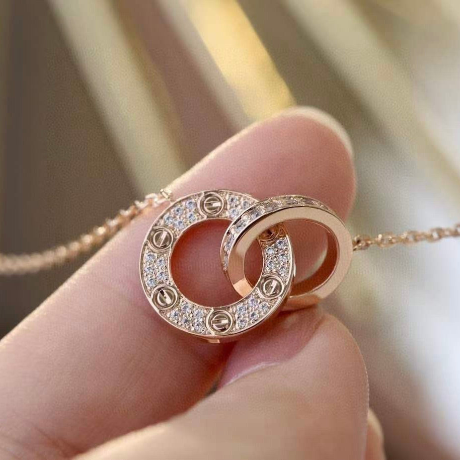 [CLOVER JEWELRY]LOVE 7.6MM NECKLACE ROSE GOLD AND SILVER  FULL DIAMOND