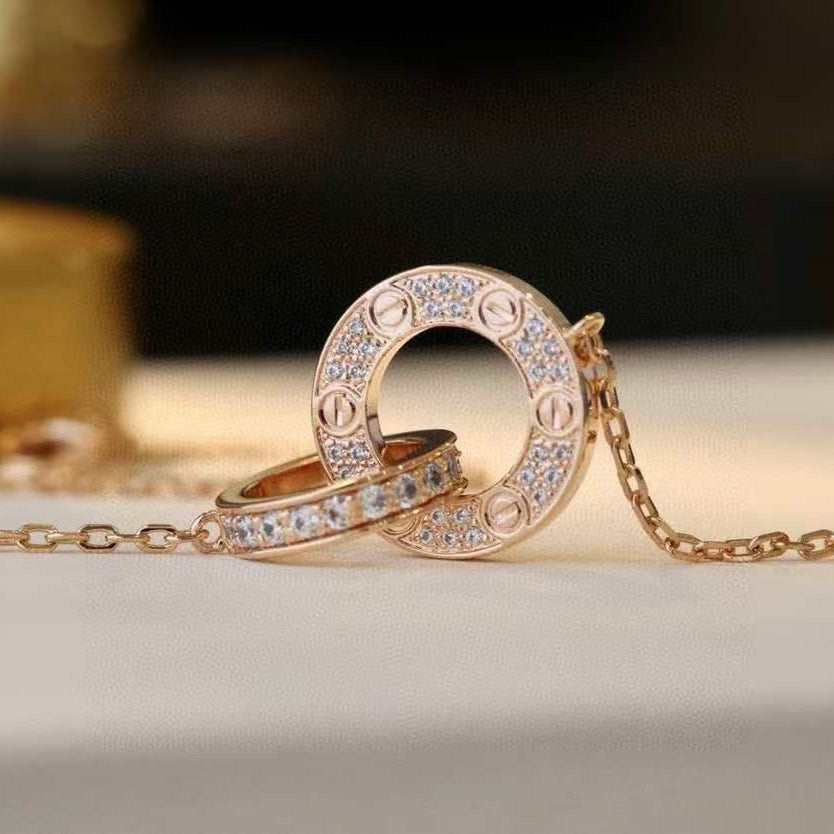 [CLOVER JEWELRY]LOVE 7.6MM NECKLACE ROSE GOLD AND SILVER  FULL DIAMOND