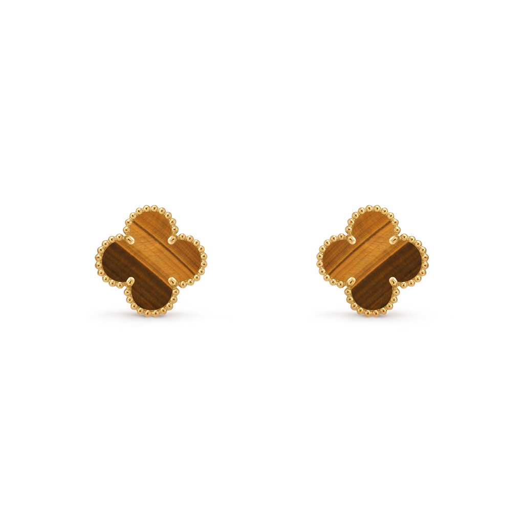 [Camiery] VA CLOVER 1 MOTIFS TIGER EYE GOLD EARRINGS