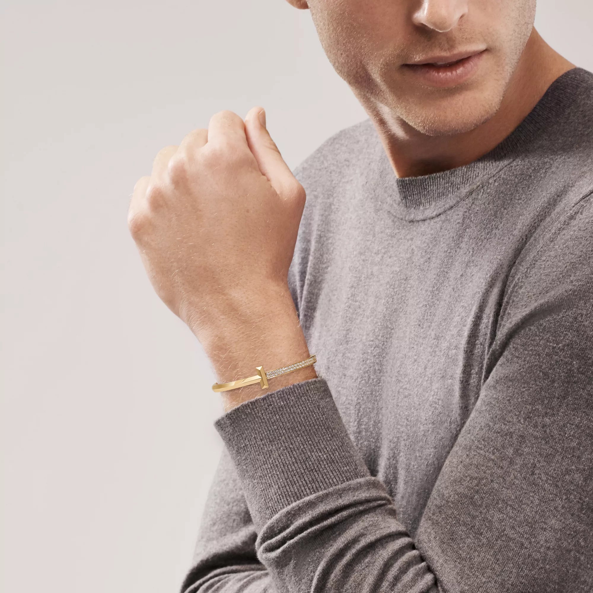 [Camiery] TF T Bracelet - T1 Wide Half Pavé Bangle Yellow Gold