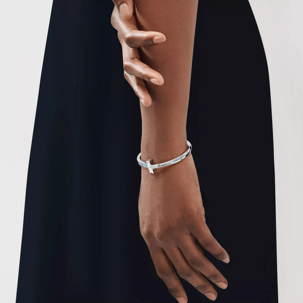 [Camiery] TF T Bracelet - T1 Wide Half Pavé Bangle White Gold