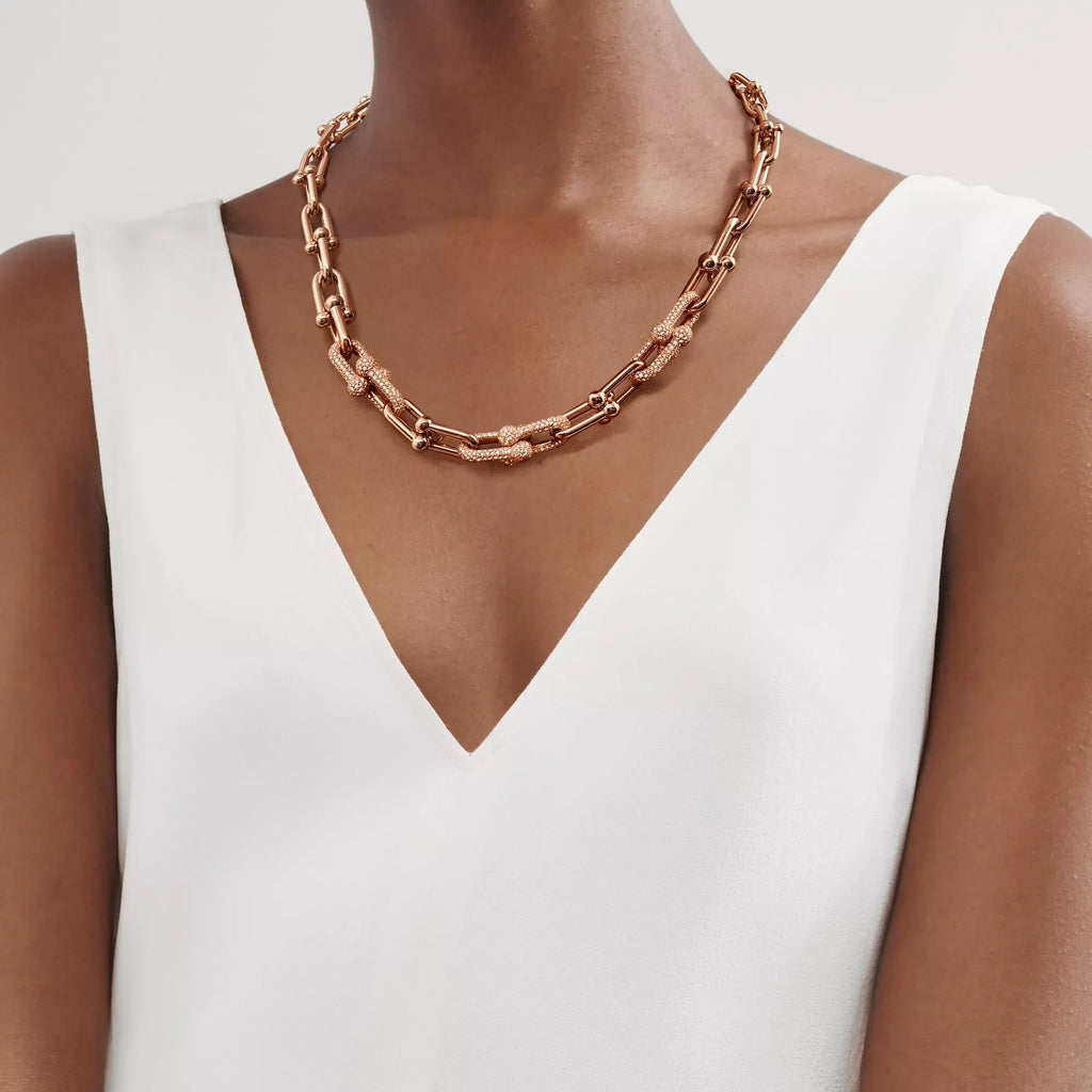 [Camiery] TF Pulse Necklace - Graduated Link with 3 Pavé Diamond Links (Rose Gold)