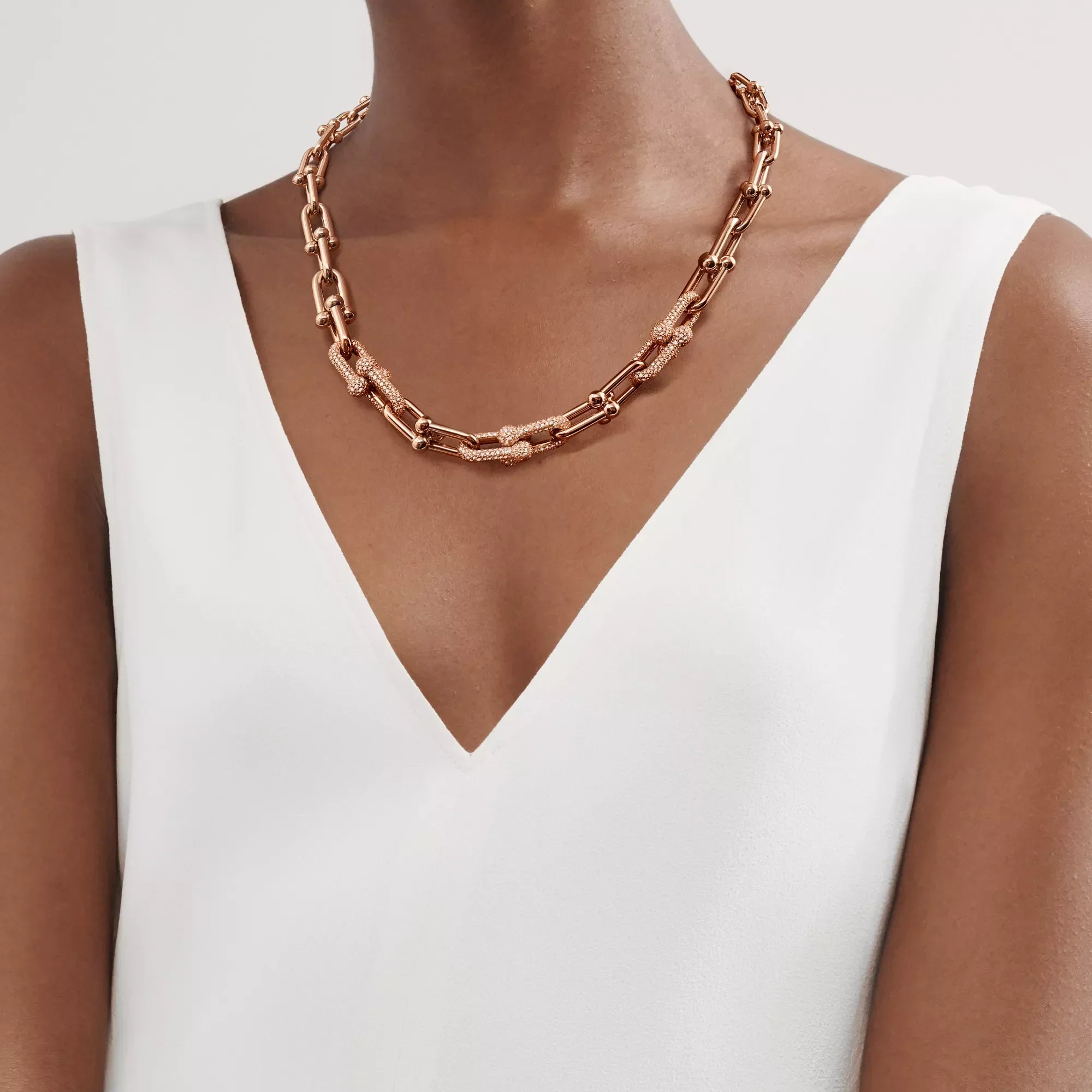 [Camiery] TF Pulse Necklace - Graduated Link with 3 Pavé Diamond Links (Rose Gold)