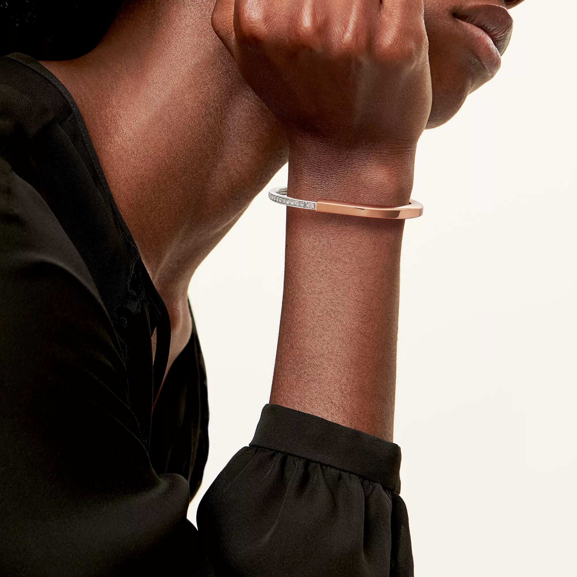 [Camiery] TF Lock bracelet - Bangle in Rose and White Gold with Half Pavé Diamonds
