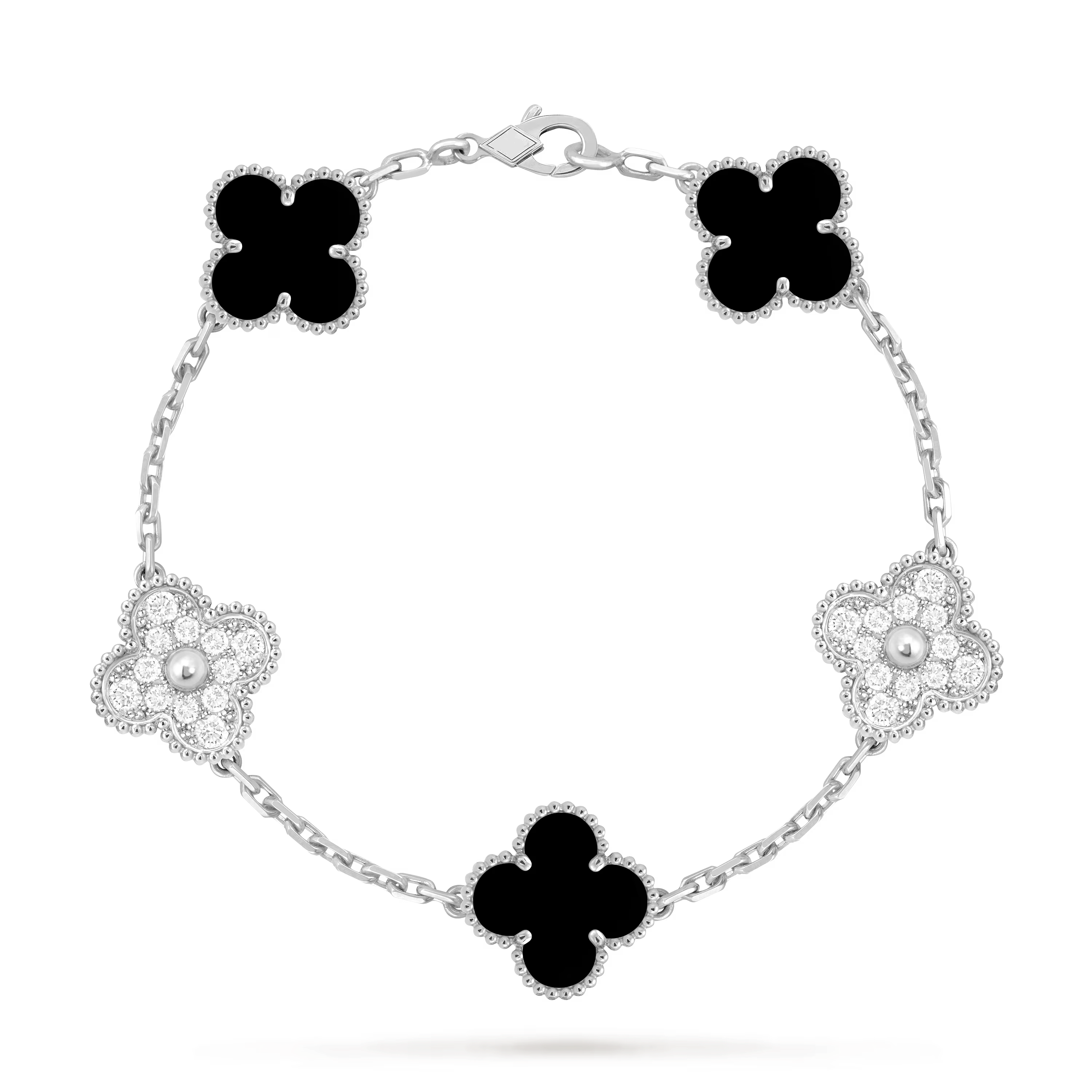 [Camiery] VA CLOVER 5 MOTIF ONYXS DIAMOND WHITE GOLD BRACELET