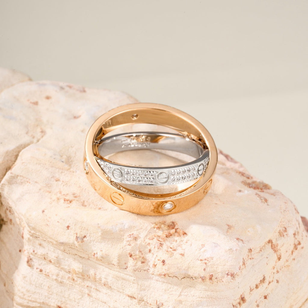 [Camiery] LOVE PINK GOLD SILVER DIAMOND DOUBLE RING