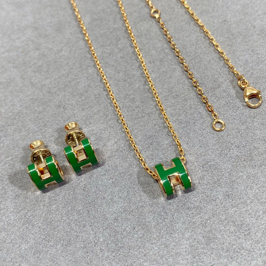 [CLOVER JEWELRY]POP H GREEN NECKLACE SILVER AND GOLD
