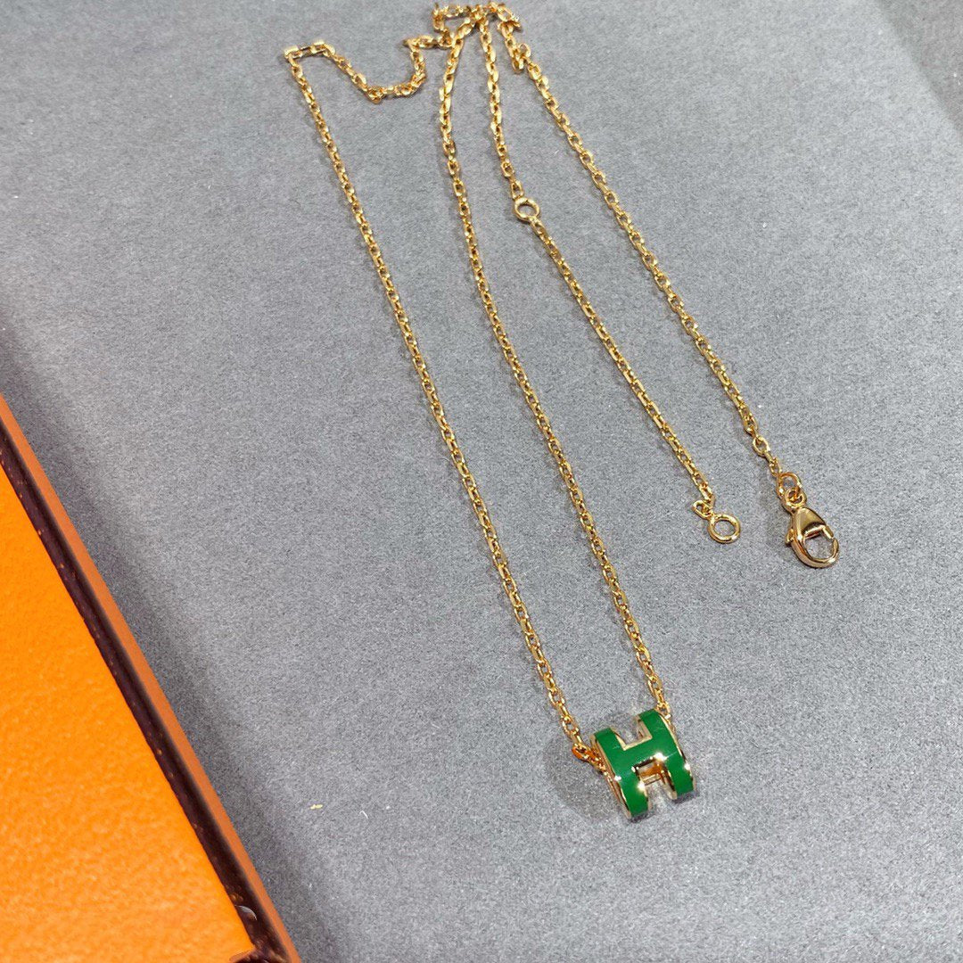 [CLOVER JEWELRY]POP H GREEN NECKLACE SILVER AND GOLD