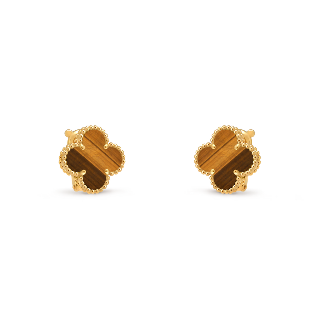 [Camiery] VA CLOVER 1 MOTIFS TIGER EYE GOLD EARRINGS