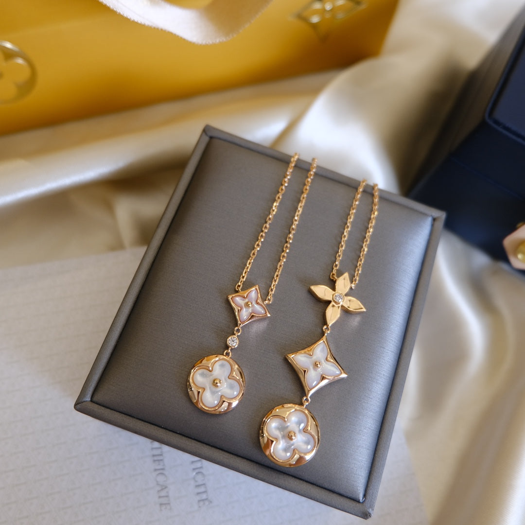 [CLOVER JEWELRY]COLOR BLOSSOM LARIAT NECKLACE PINK GOLD WHITE MOTHER PEARL AND DIAMOND