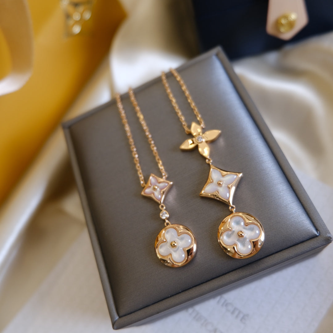 [CLOVER JEWELRY]COLOR BLOSSOM LARIAT NECKLACE PINK GOLD WHITE MOTHER PEARL AND DIAMOND