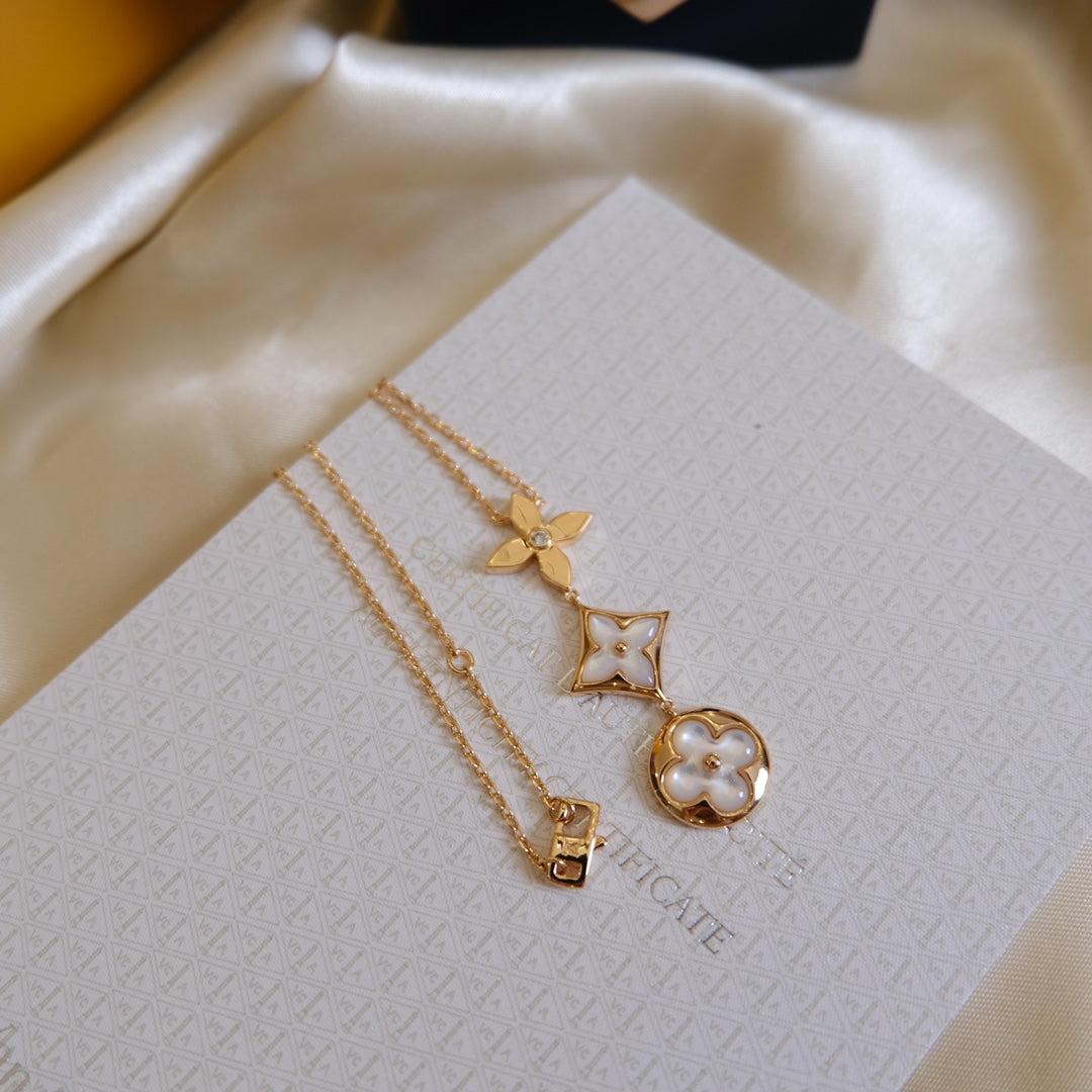[CLOVER JEWELRY]COLOR BLOSSOM LARIAT NECKLACE PINK GOLD WHITE MOTHER PEARL AND DIAMOND