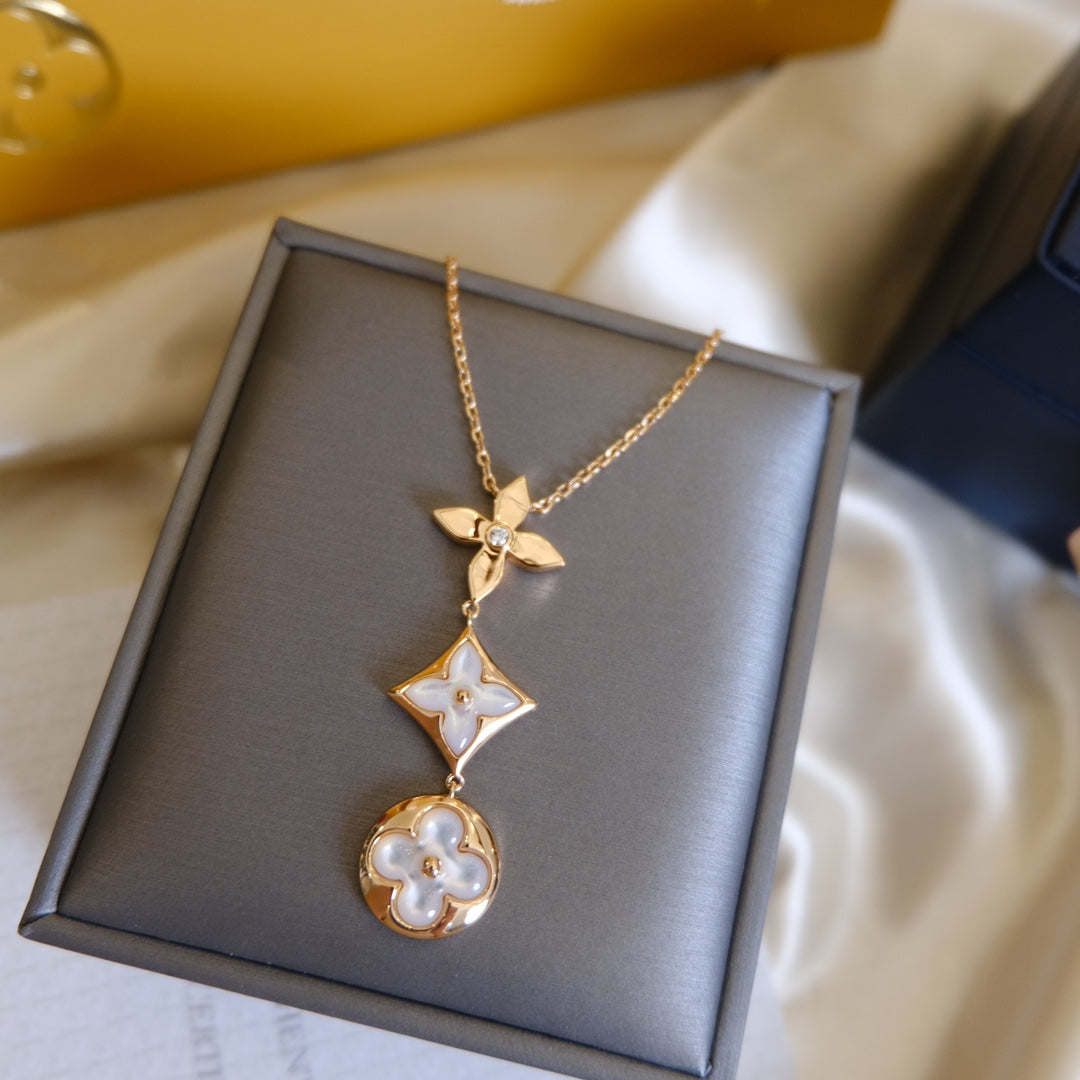 [CLOVER JEWELRY]COLOR BLOSSOM LARIAT NECKLACE PINK GOLD WHITE MOTHER PEARL AND DIAMOND
