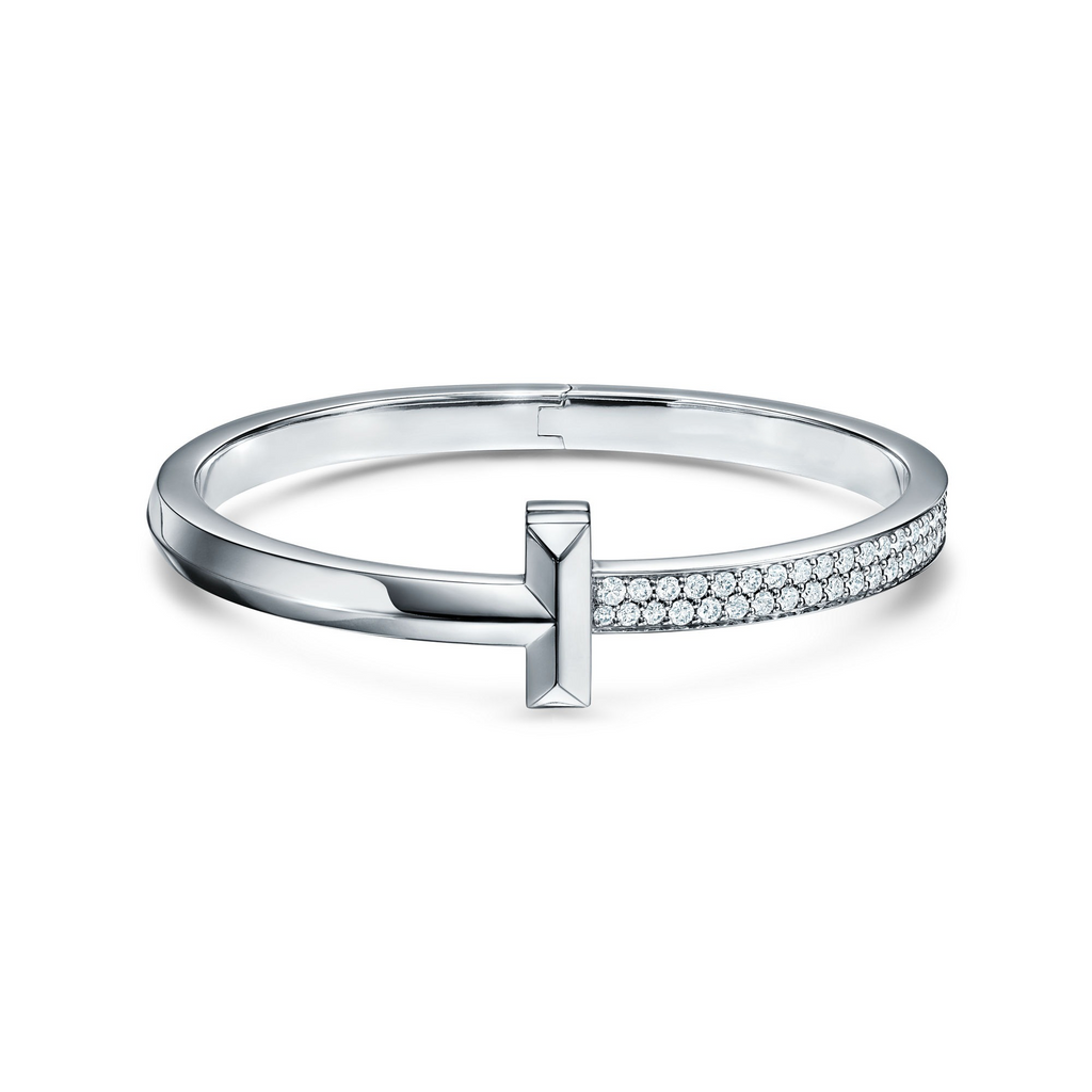 [Camiery] TF T Bracelet - T1 Wide Half Pavé Bangle White Gold