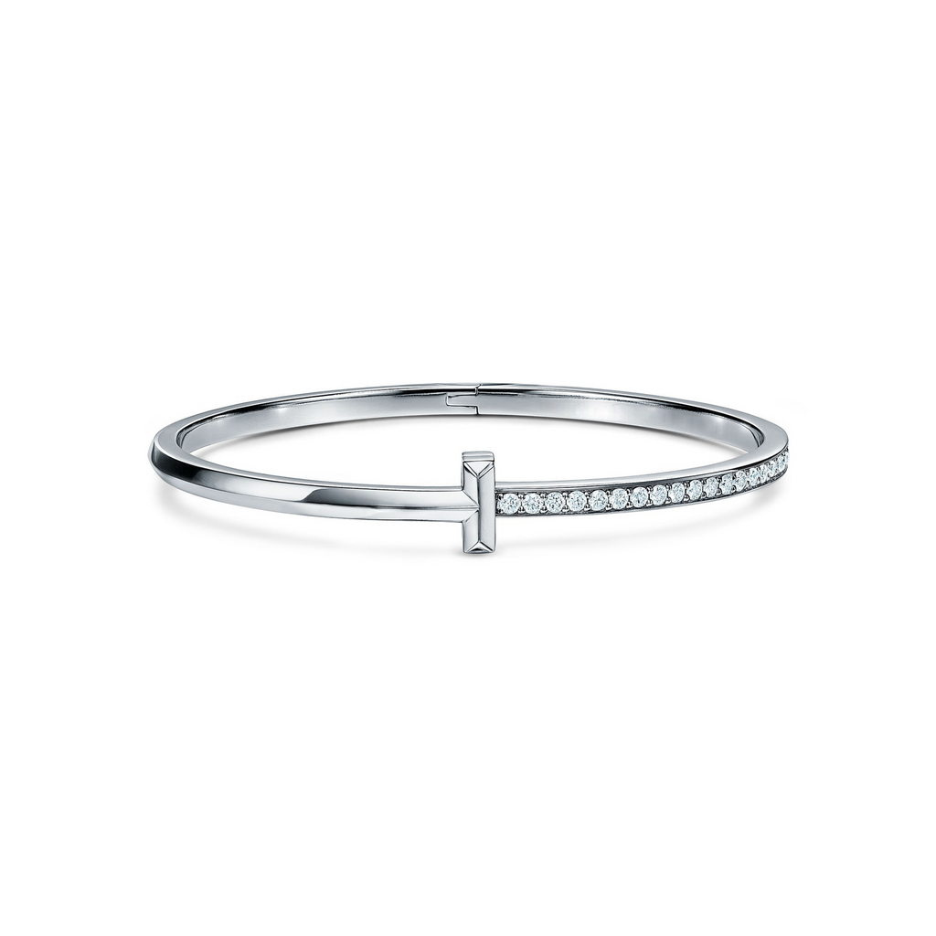 [Camiery] TF T Bracelet - T1 Narrow Half Pavé Bangle in White Gold