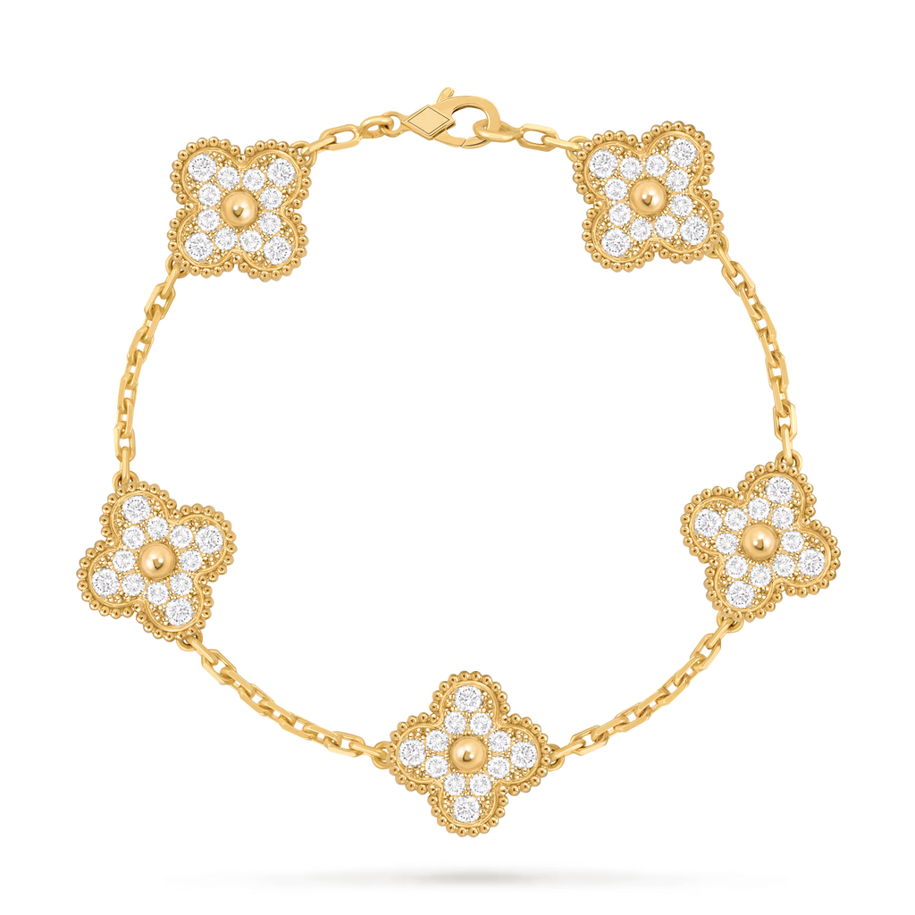 [Camiery] VA CLOVER 5 MOTIF FULL DIAMOND GOLD BRACELET