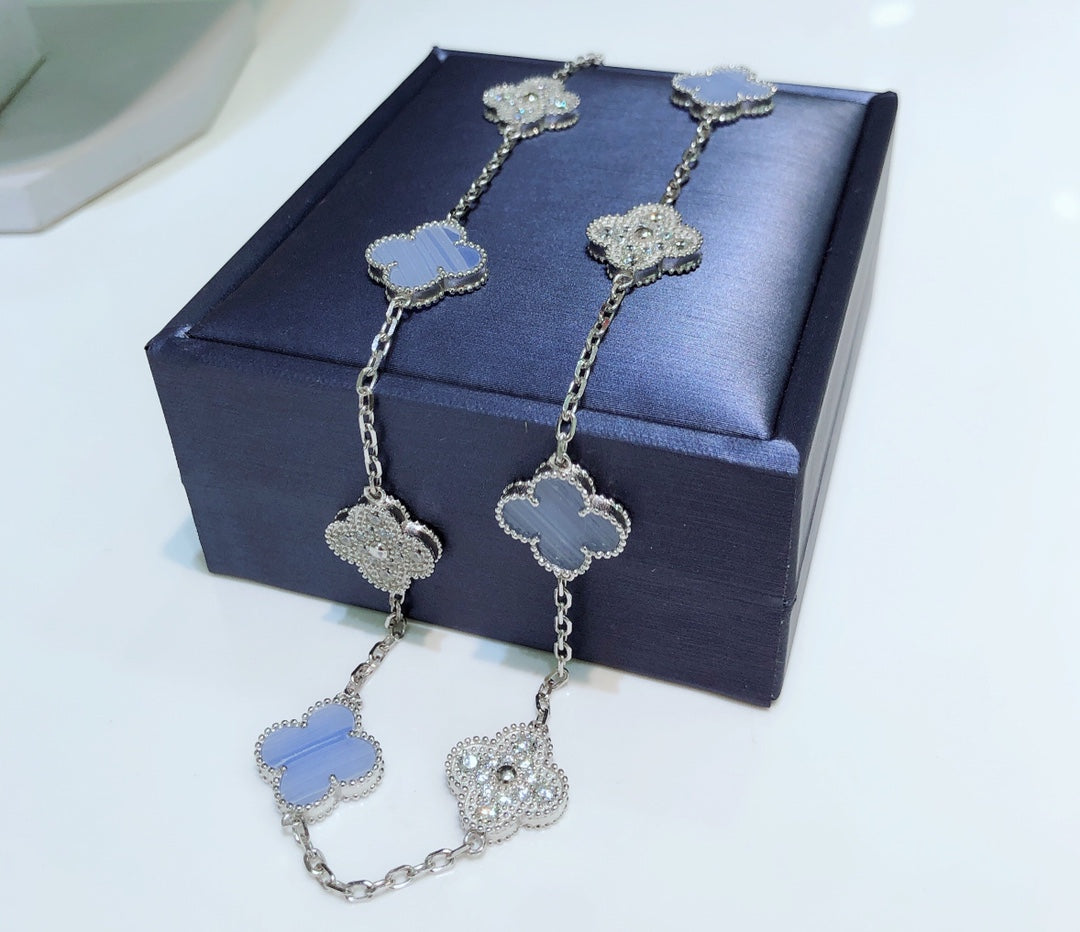 [Camiery]CLOVER 10 MOTIFS CHALCEDONY DIAMONDS SILVER NECKLACE