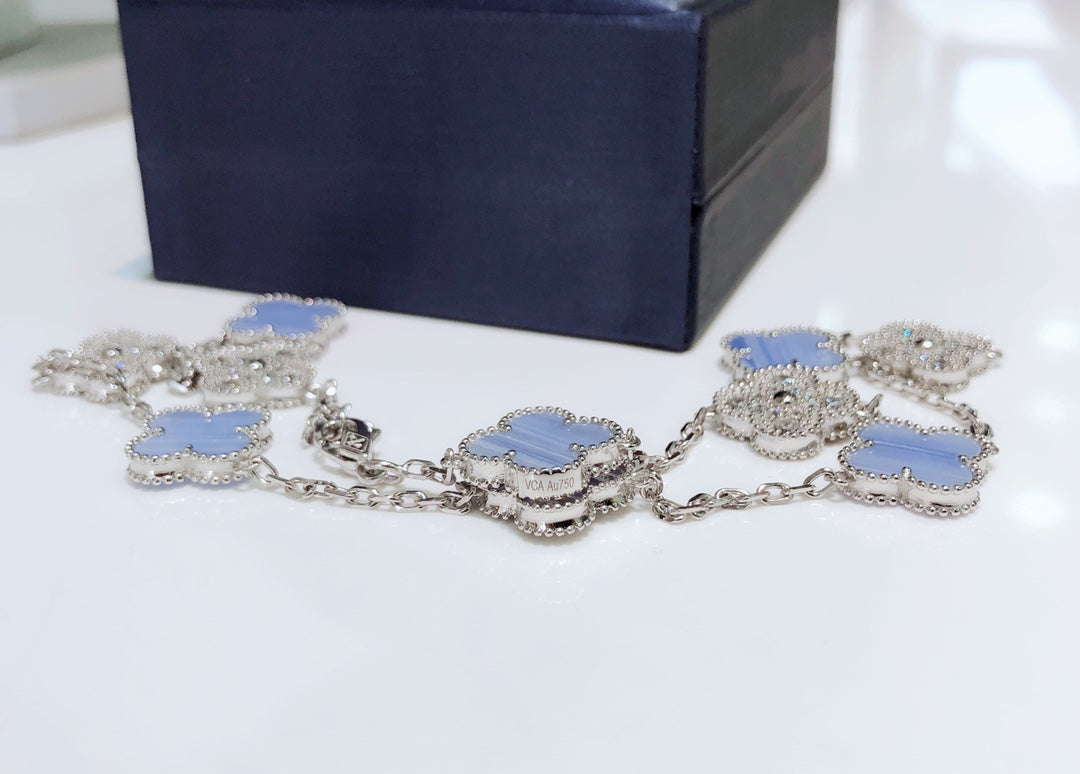 [Camiery]CLOVER 10 MOTIFS CHALCEDONY DIAMONDS SILVER NECKLACE